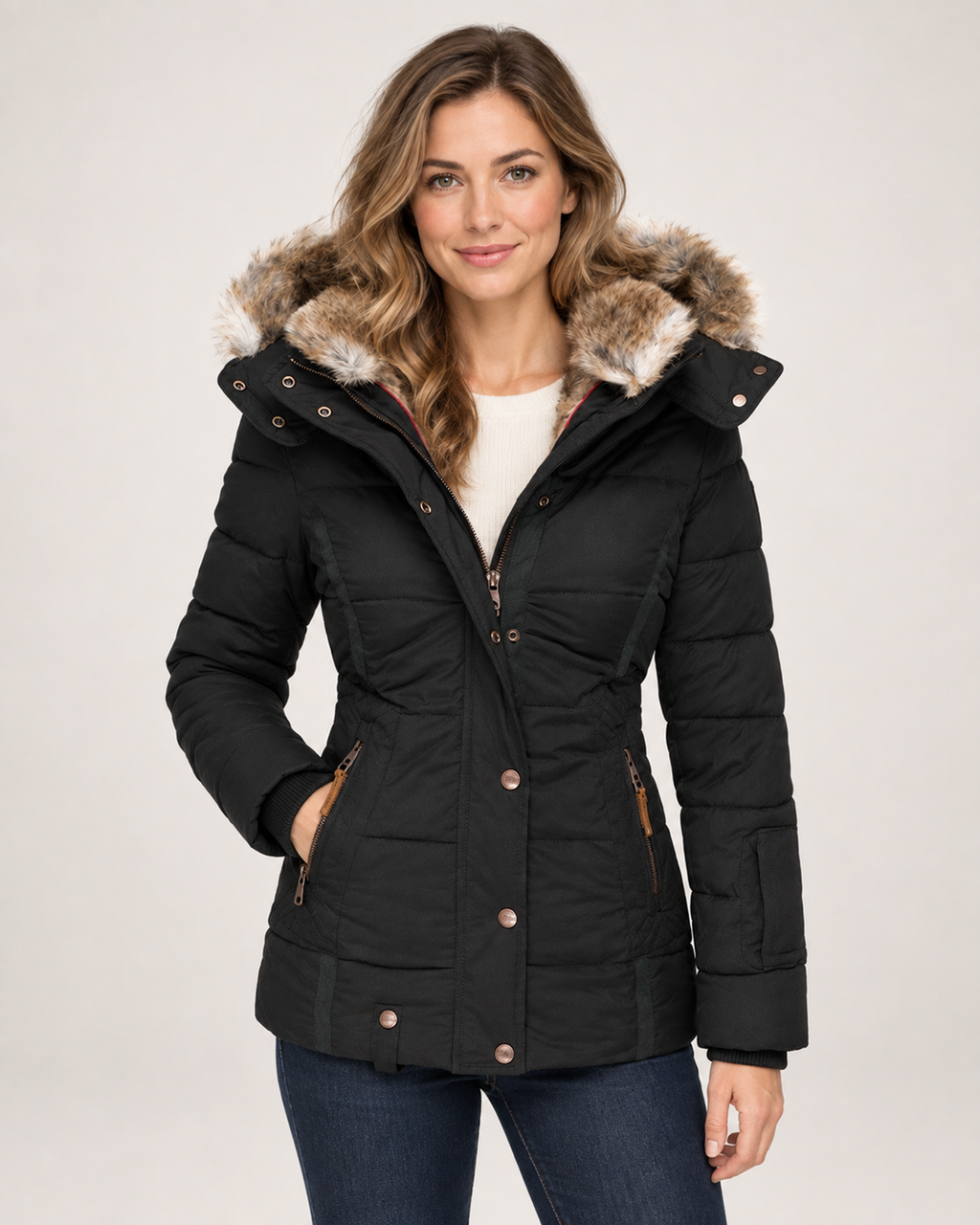 Women’s Puffer Jacket with Faux Fur Hood in Black, short outerwear product focus view