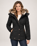 Women’s Puffer Jacket with Faux Fur Hood in Black, short outerwear product focus view