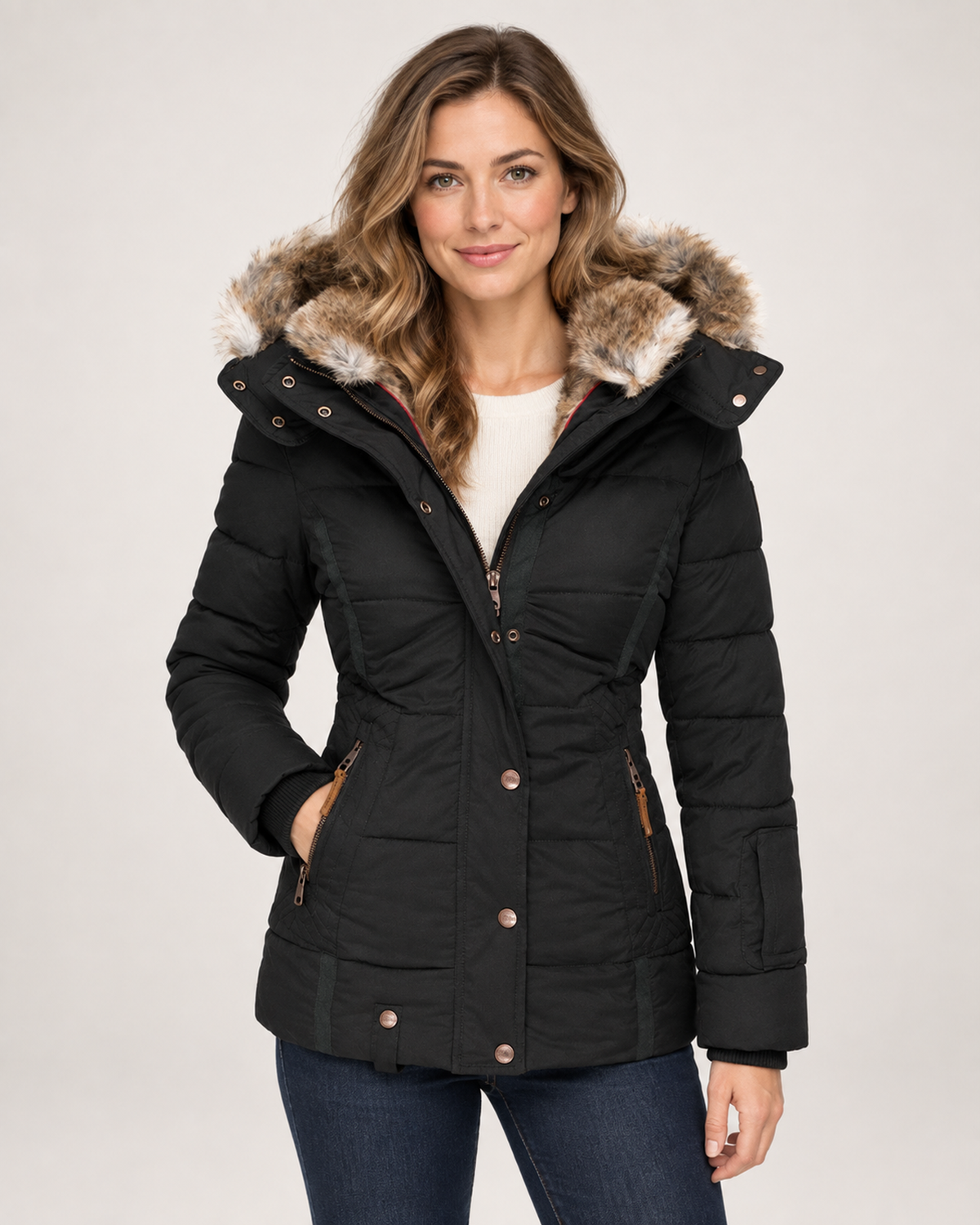 Women’s Puffer Jacket with Faux Fur Hood in Black, short outerwear product focus view