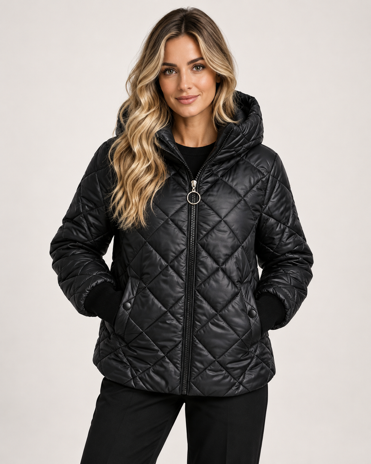 Women’s Quilted Jacket with Hood and Zip Front in Black, lower body product focus view