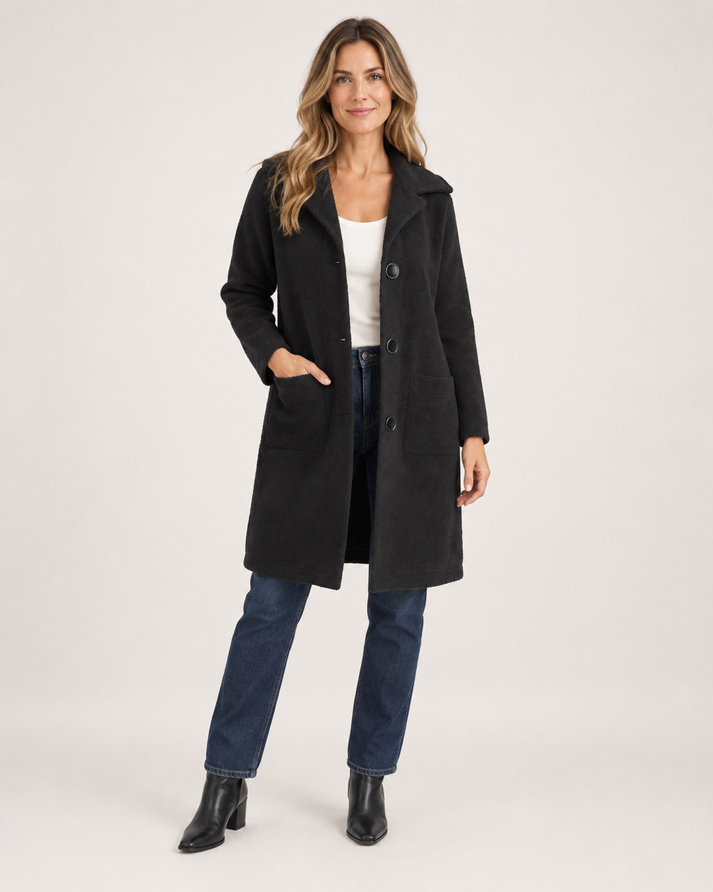 Women’s Longline Cardigan with Button Front and Pockets in Black, full body view