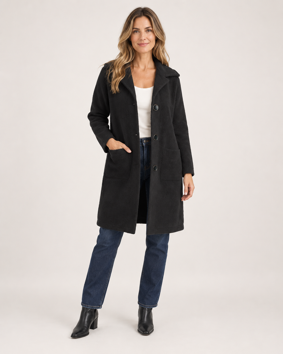 Women’s Longline Cardigan with Button Front and Pockets in Black, full body view