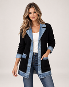 Women’s Coatigan with Denim Collar and Button Front in Black, short outerwear product focus view