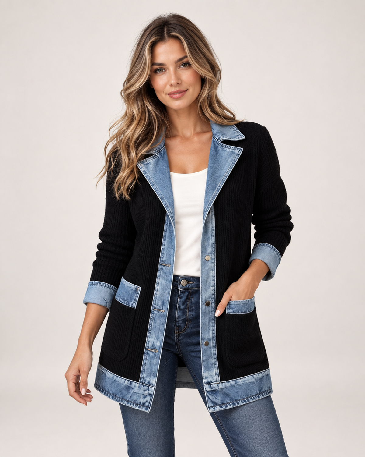 Women’s Coatigan with Denim Collar and Button Front in Black, short outerwear product focus view