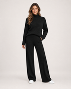 Women’s Knitted Co-Ord Set with Roll Neck and Wide Leg Trousers in Black, full body view