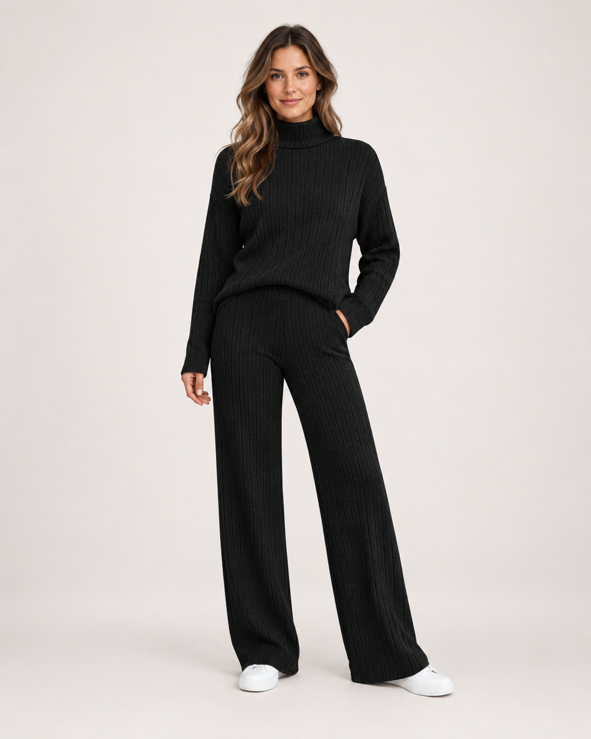 Women’s Knitted Co-Ord Set with Roll Neck and Wide Leg Trousers in Black, full body view