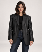 Women’s Faux Leather Blazer with Oversized Fit in Black, short outerwear product focus view
