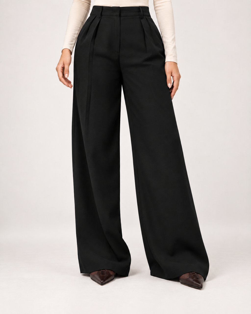 Women’s Wide Leg Trousers with High Waist and Side Pockets in Black, lower body product focus view