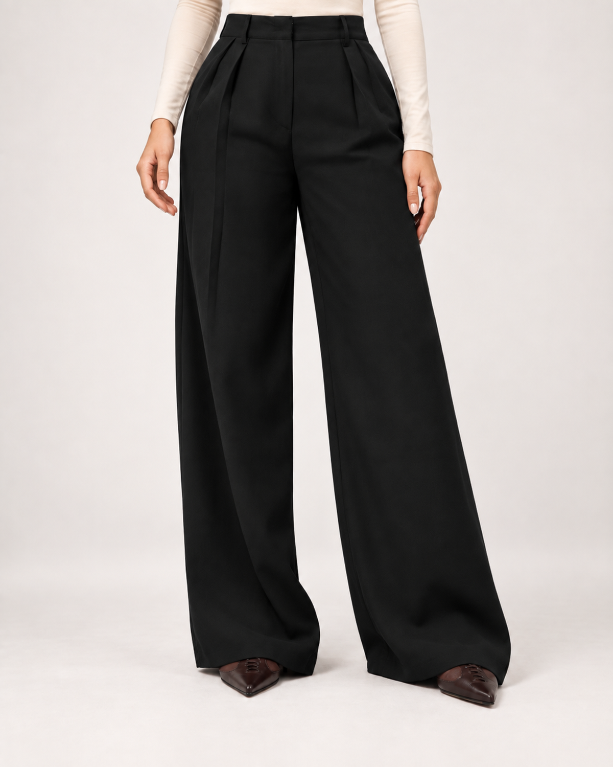 Women’s Wide Leg Trousers with High Waist and Side Pockets in Black, lower body product focus view