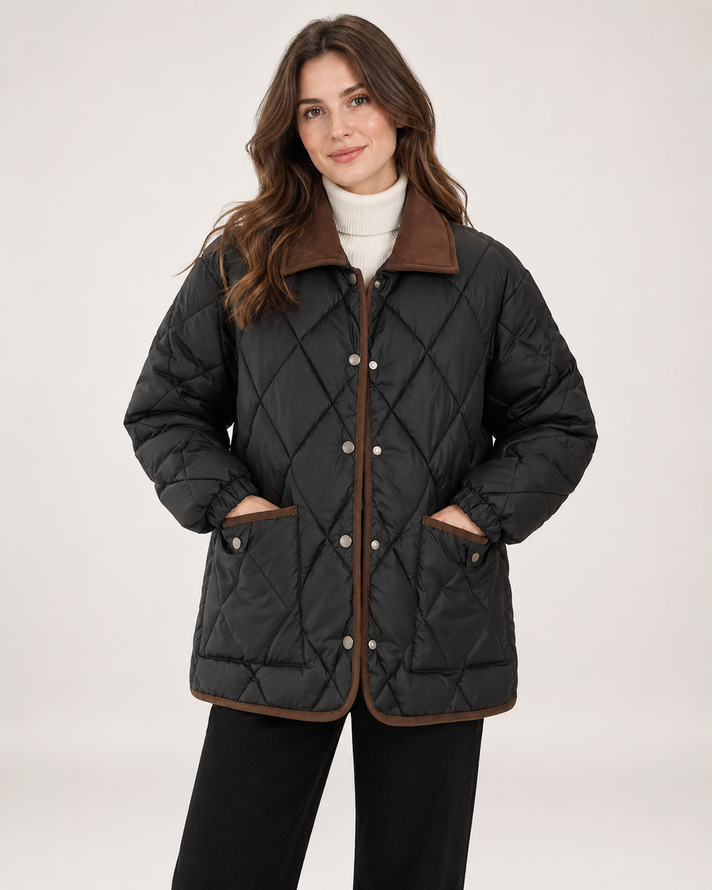 Women’s Quilted Jacket with Contrast Collar in Black, short outerwear product focus view