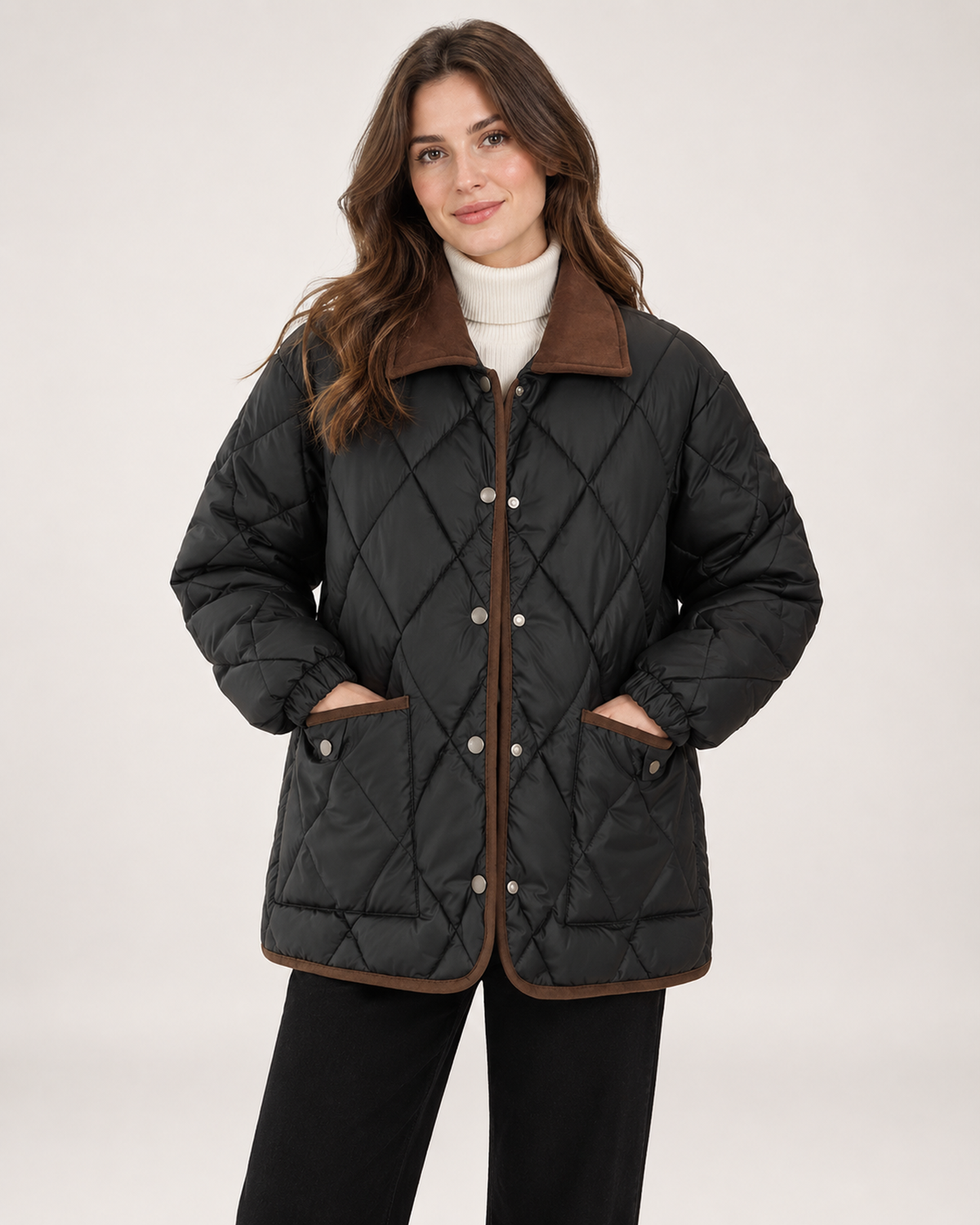 Women’s Quilted Jacket with Contrast Collar in Black, short outerwear product focus view