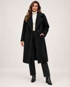 Women’s Borg Coat with Long Shape and Lapel Collar in Black, full body view