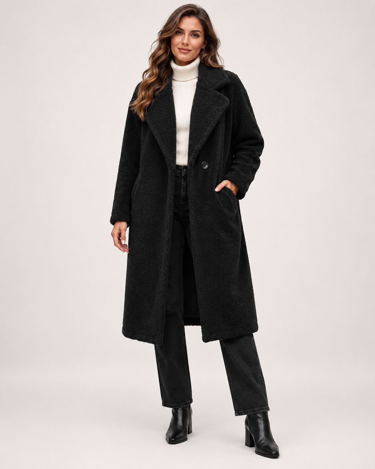 Women’s Borg Coat with Long Shape and Lapel Collar in Black, full body view
