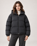Women’s Puffer Jacket with Hood and Drawcord Hem in Black, short outerwear product focus view