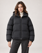 Women’s Puffer Jacket with Hood and Drawcord Hem in Black, short outerwear product focus view