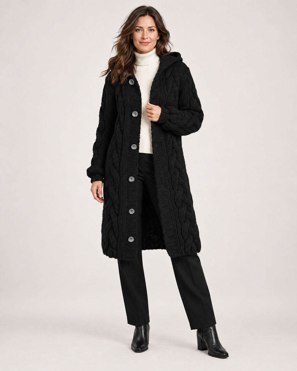 Women’s Longline Cardigan with Cable Knit and Hood in Black, full body view