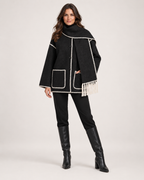 Women’s Cape Coat with Scarf Collar in Black & White, full body view