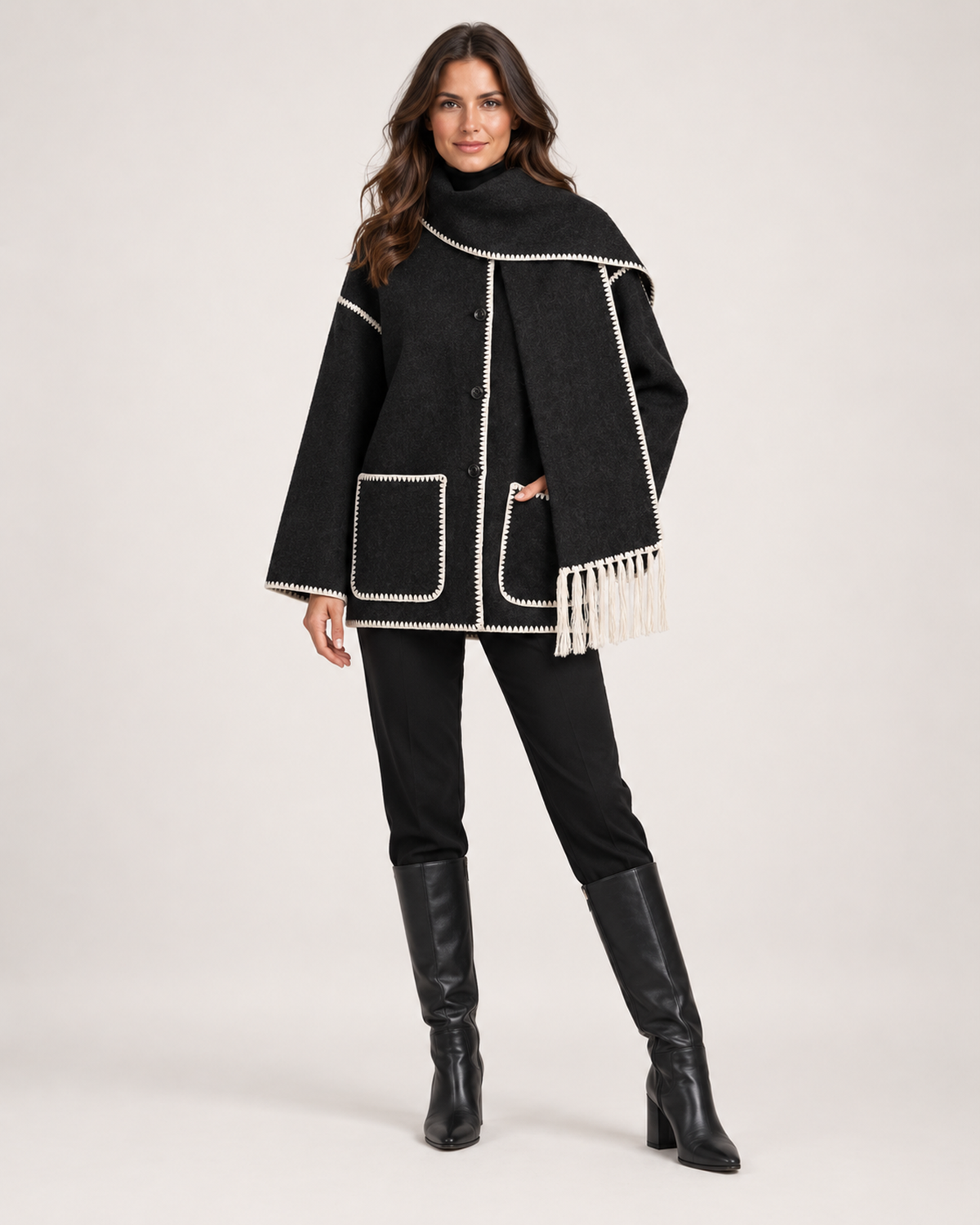 Women’s Cape Coat with Scarf Collar in Black & White, full body view