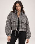 Women’s Checked Jacket with Cropped Shape and Utility Pockets in Black & White, short outerwear product focus view