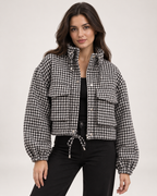 Women’s Checked Jacket with Cropped Shape and Utility Pockets in Black & White, short outerwear product focus view