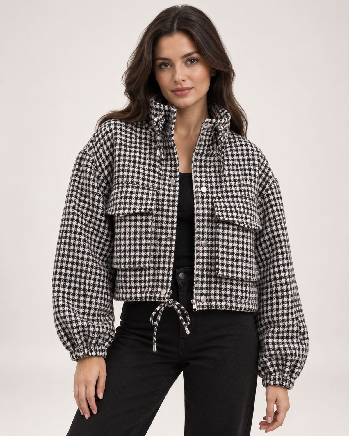 Women’s Checked Jacket with Cropped Shape and Utility Pockets in Black & White, short outerwear product focus view