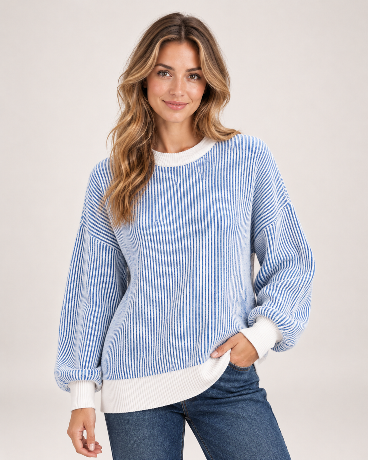 Women's Striped Jumper with Contrast Trim blue front view