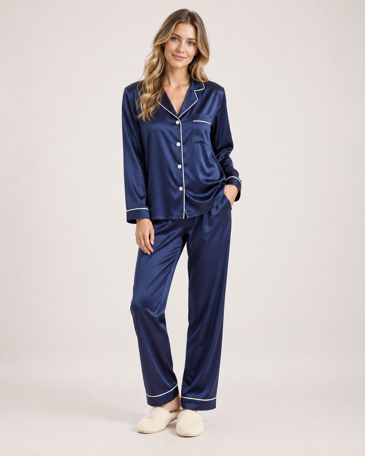 Women’s Pyjama Set with Contrast Piping in Blue, full body view