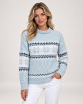 Women’s Christmas Jumper with Fair Isle Pattern and Roll Neck in Blue, upper body product focus view