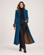 Women’s Longline Coat with Leopard Print Trim in Blue, full body view