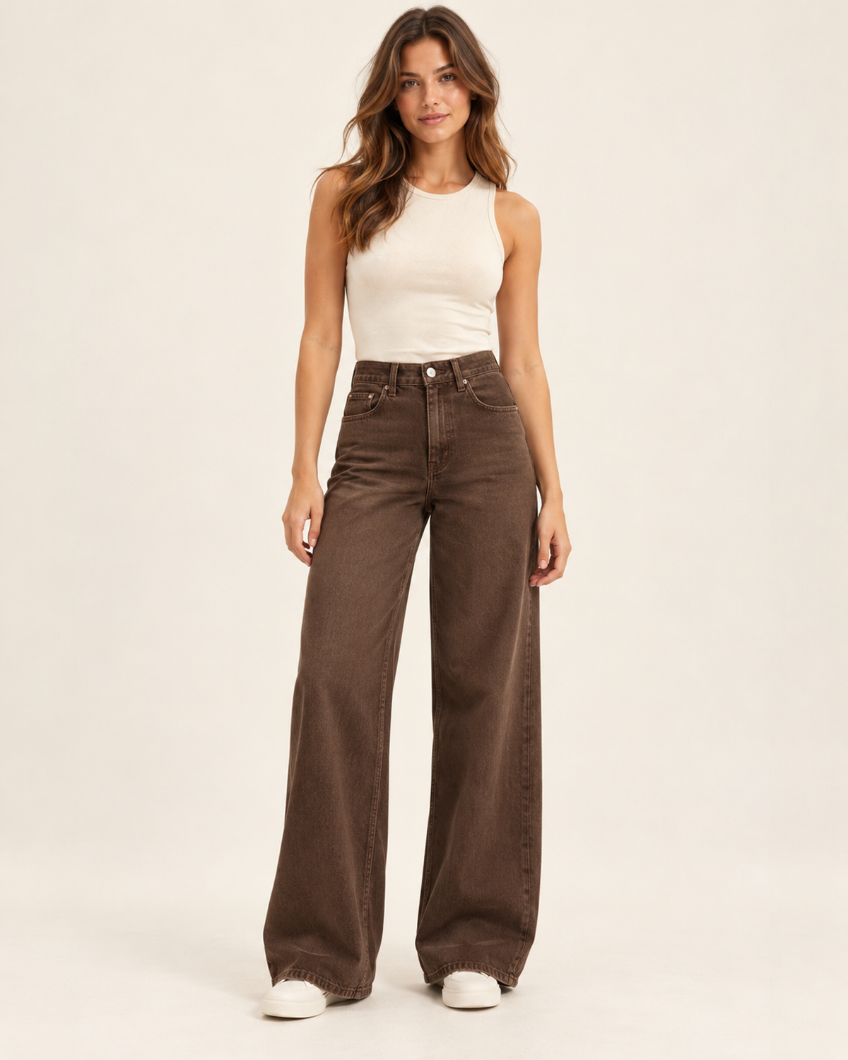 Women's brown high waist wide leg jeans full outfit view