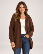 Women's Hooded Cardigan with Knitted Finish brown front view
