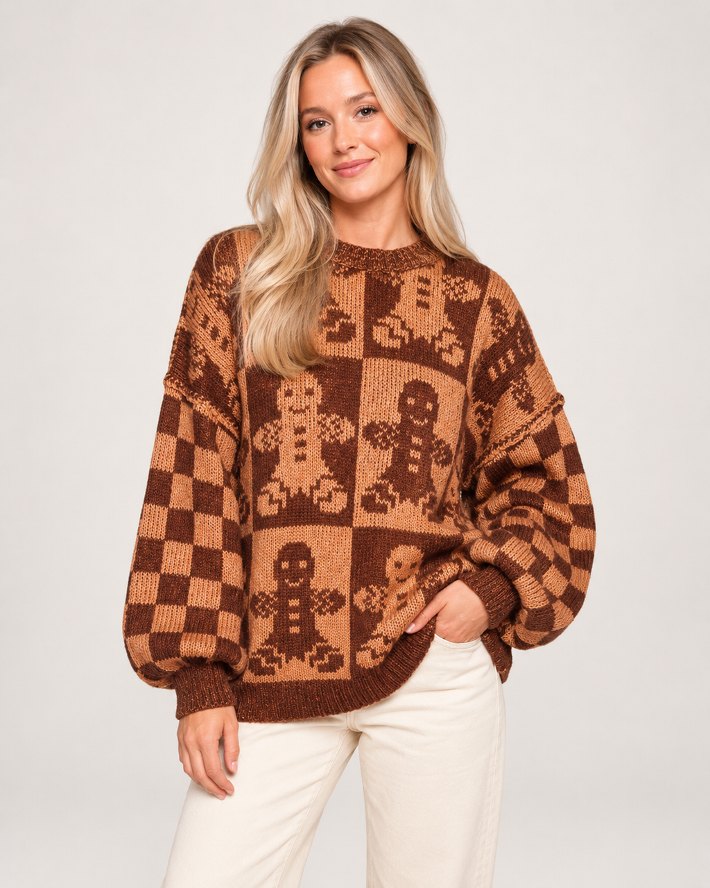 Women’s Christmas Jumper with Gingerbread Pattern in Brown, upper body product focus view
