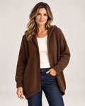 Women’s Hooded Cardigan with Knitted Finish in Brown, upper body product focus view
