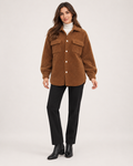 Women’s Teddy Jacket with Button Front and Chest Pockets in Brown, full body view