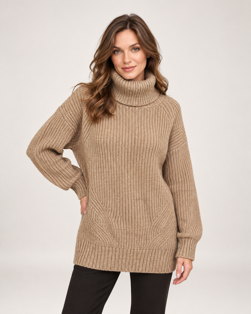 Women’s Roll Neck Jumper with Relaxed Longline Fit in Brown, upper body product focus view