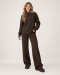 Women’s Knitted Co-Ord Set with Cable Knit Jumper and Wide Leg Trousers in Brown, full body view