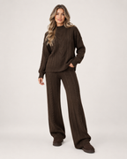 Women’s Knitted Co-Ord Set with Cable Knit Jumper and Wide Leg Trousers in Brown, full body view