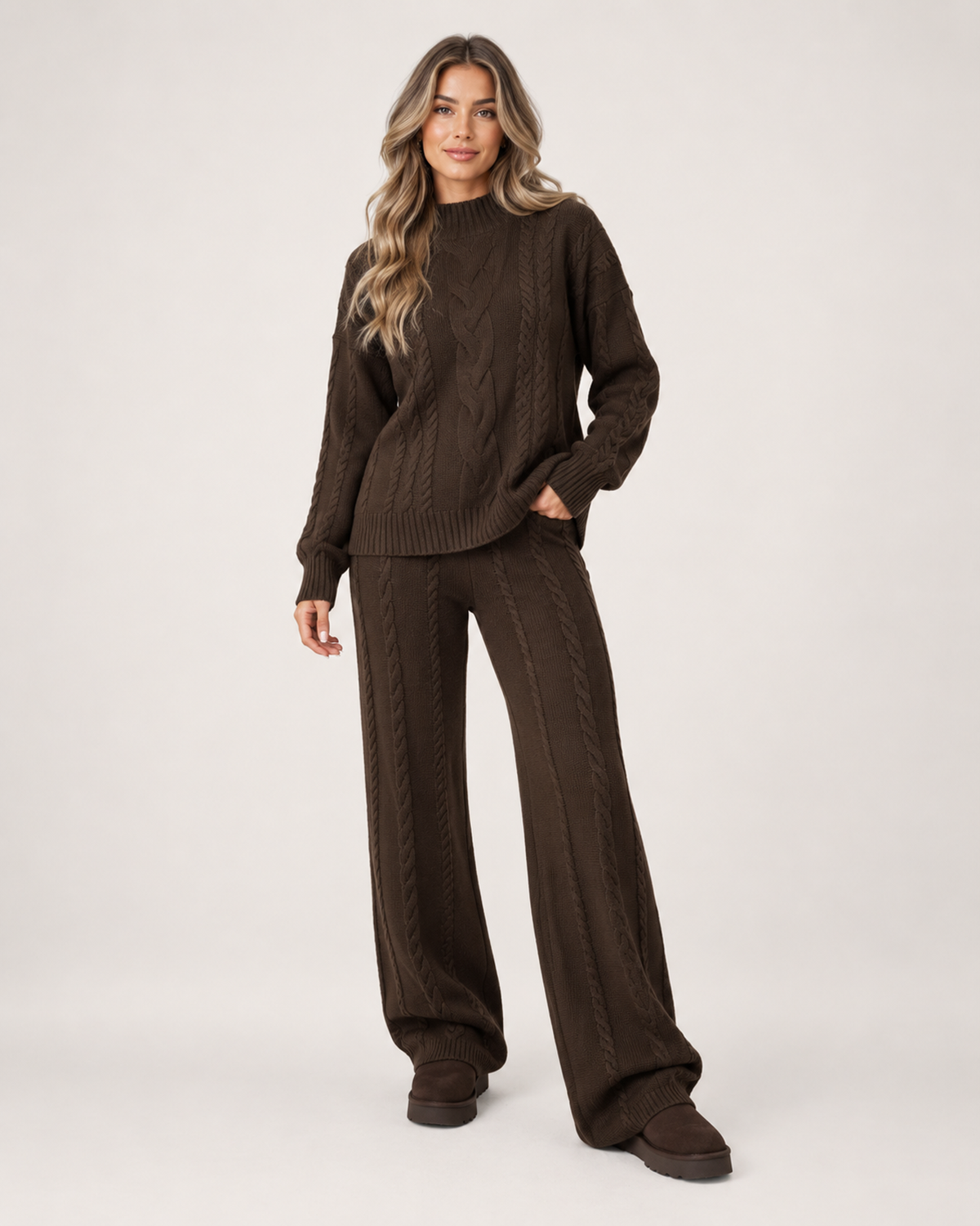Women’s Knitted Co-Ord Set with Cable Knit Jumper and Wide Leg Trousers in Brown, full body view