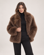 Women’s Faux Fur Jacket with Wide Collar in Brown, lower body product focus view