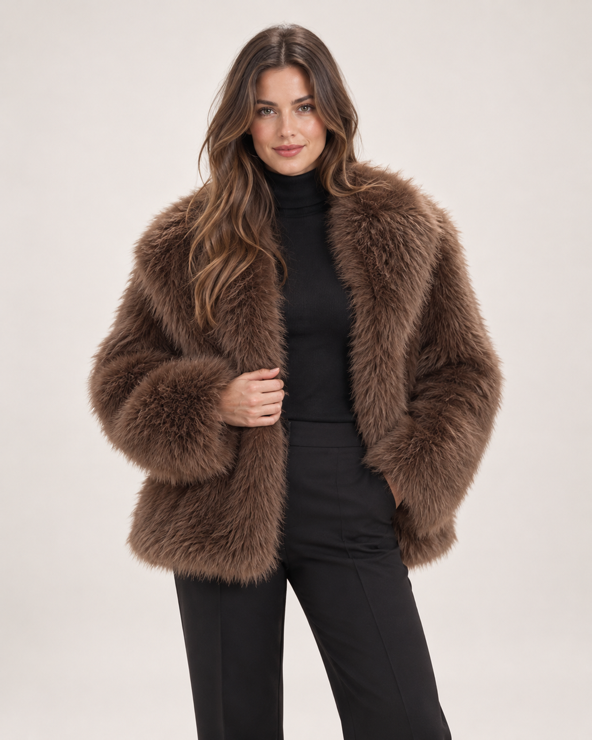Women’s Faux Fur Jacket with Wide Collar in Brown, lower body product focus view