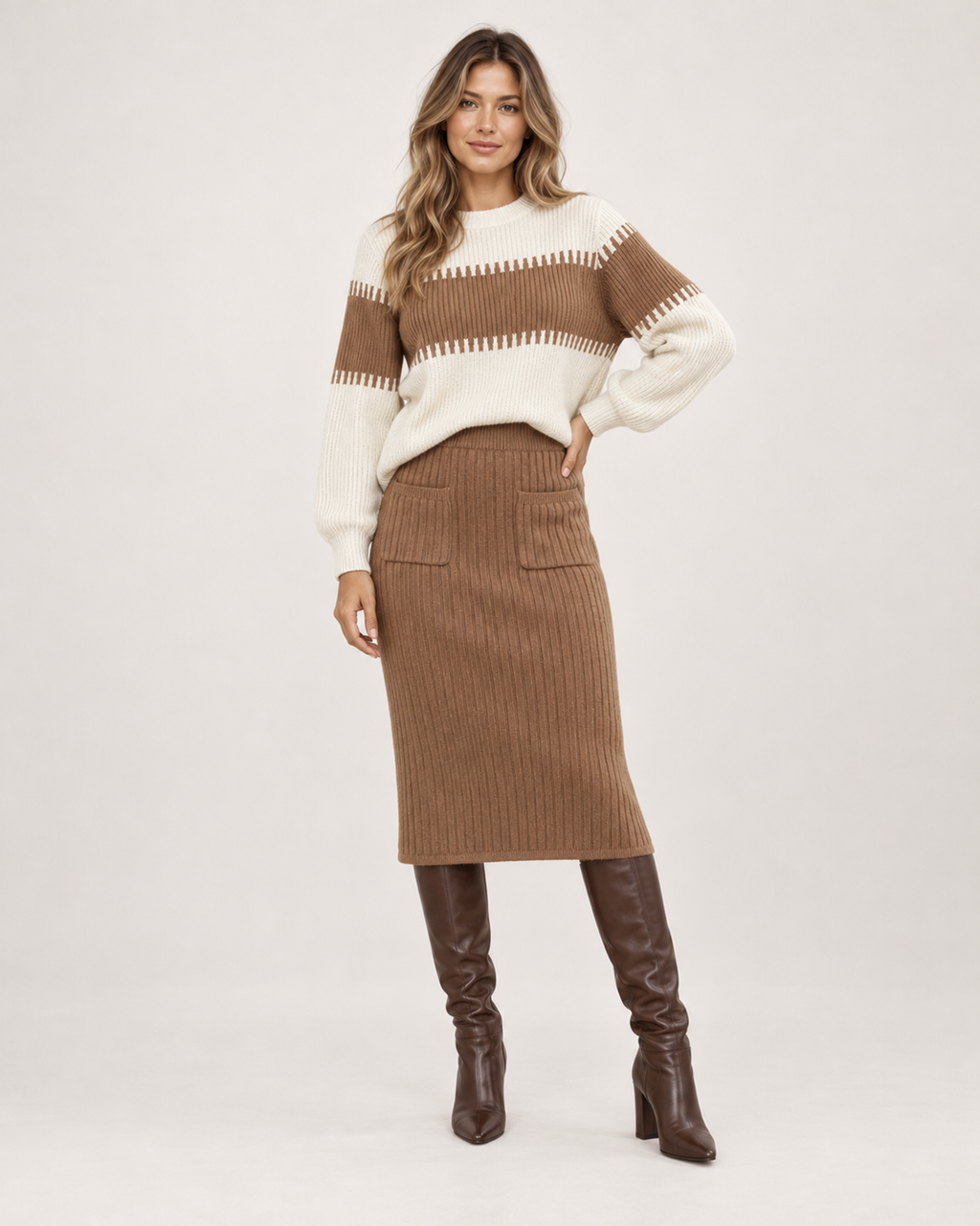 Women’s Knitted Co-Ord Set with Colour-Block Jumper and Midi Skirt in Brown, full body view