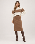 Women’s Knitted Co-Ord Set with Colour-Block Jumper and Midi Skirt in Brown, full body view