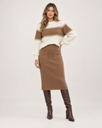 Women’s Knitted Co-Ord Set with Colour-Block Jumper and Midi Skirt in Brown, full body view