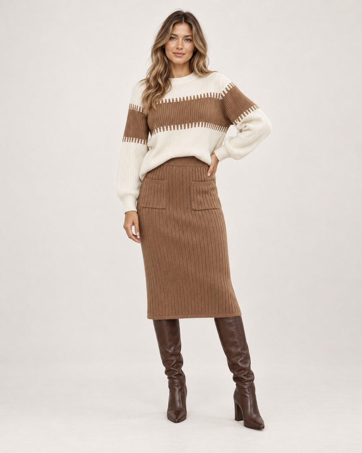 Women’s Knitted Co-Ord Set with Colour-Block Jumper and Midi Skirt in Brown, full body view