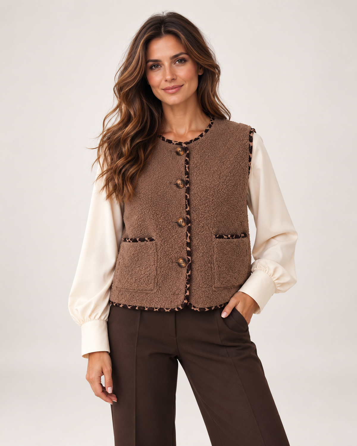 Women’s Borg Gilet with Contrast Trim and Pockets in Brown, lower body product focus view