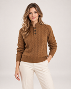 Women’s Cable Knit Jumper with Stand Collar and Button Neck in Brown, lower body product focus view