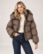 Women’s Puffer Jacket with Oversized Hood and Drawstring Hem in Brown, short outerwear product focus view