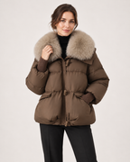 Women’s Puffer Jacket with Faux Fur Collar and Drawstring Waist in Brown, short outerwear product focus view