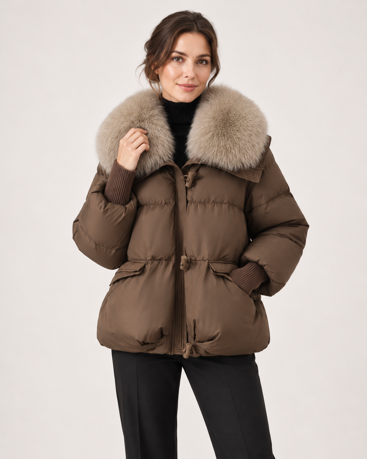 Women’s Puffer Jacket with Faux Fur Collar and Drawstring Waist in Brown, short outerwear product focus view