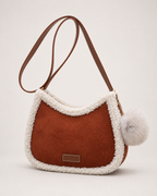 Women’s Fluffy Shoulder Bag with Pom Pom Charm in Brown, product only view